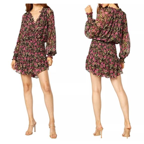 Misa Los Angeles Dresses & Skirts - Misa Los Angeles Celina Floral Mini Dress Chiffon Black Fuchsia size M J3
